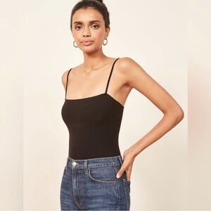 Reformation Crystal Black Square Neck Strappy Ribbed Bodysuit Size XL